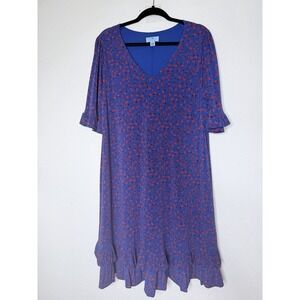CECE Women Midi Dress 1X Blue Ditsy Floral Ruffle Stretch Knit Lined Office